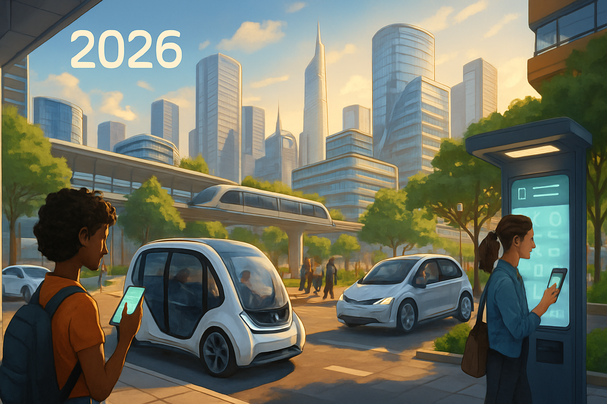 The image depicts a futuristic cityscape in 2026 featuring autonomous vehicles, modern buildings, and pedestrians using smartphones.