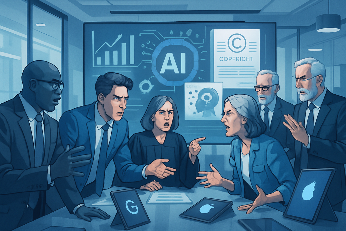 A tense business meeting takes place with individuals arguing about artificial intelligence and copyright issues.