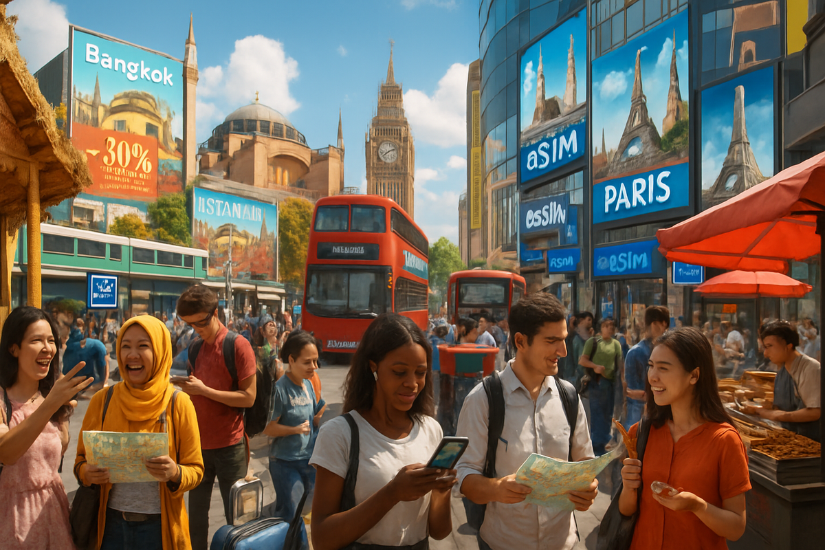 A vibrant street scene depicts a diverse group of people enjoying their time in a bustling market, surrounded by iconic landmarks and colorful advertisements.