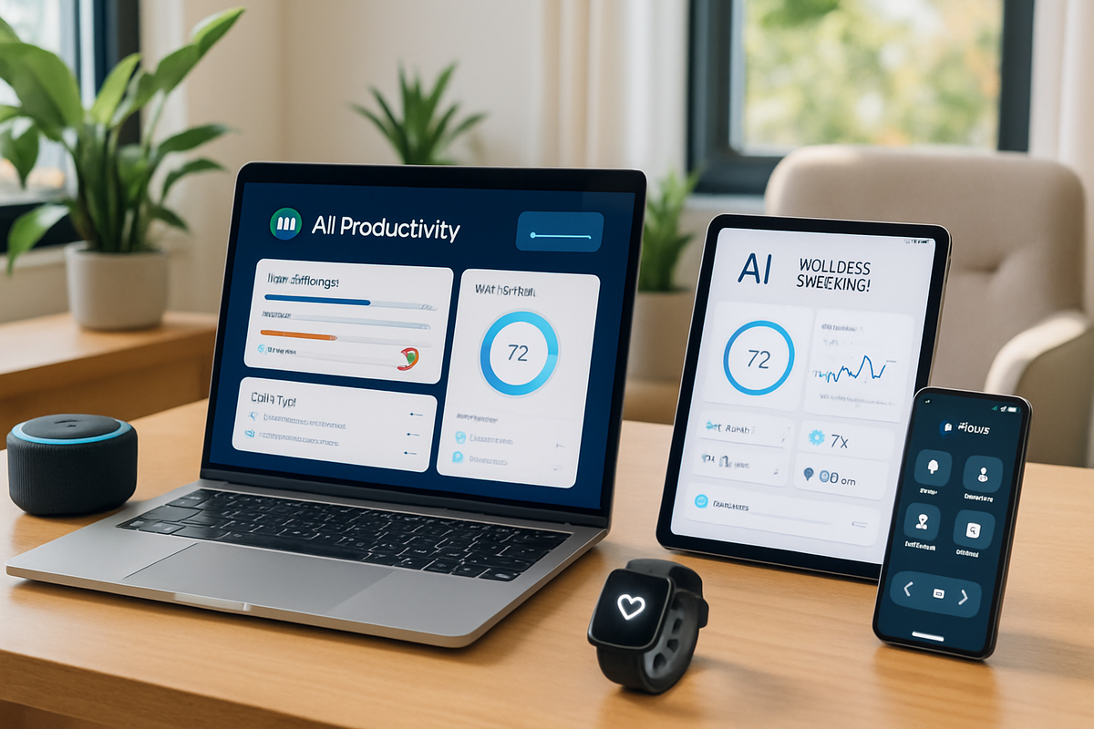 The image shows a modern workspace featuring a laptop, tablet, smartphone, and smart watch, all displaying productivity metrics and data analytics.