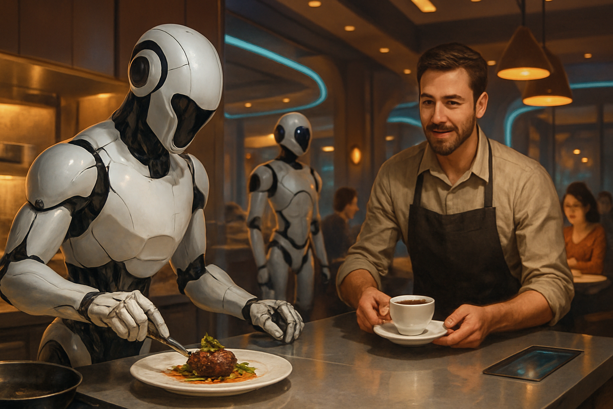 A humanoid robot serves a meal while a smiling man in an apron holds a cup of coffee in a modern restaurant setting.