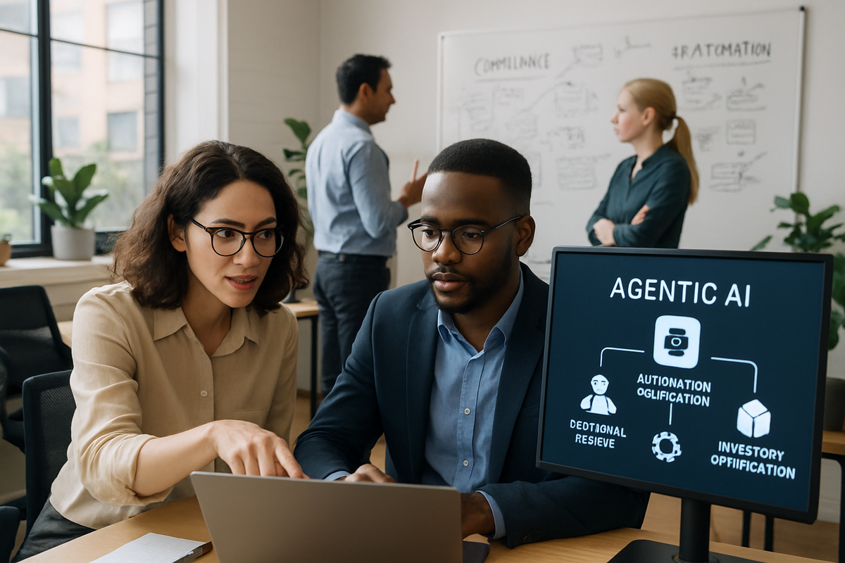 A woman in glasses points at a laptop while a man looks at the screen, with colleagues discussing in the background.