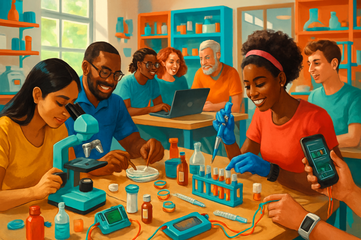 The image depicts a diverse group of people engaged in a hands-on science experiment in a bright, well-equipped lab setting.