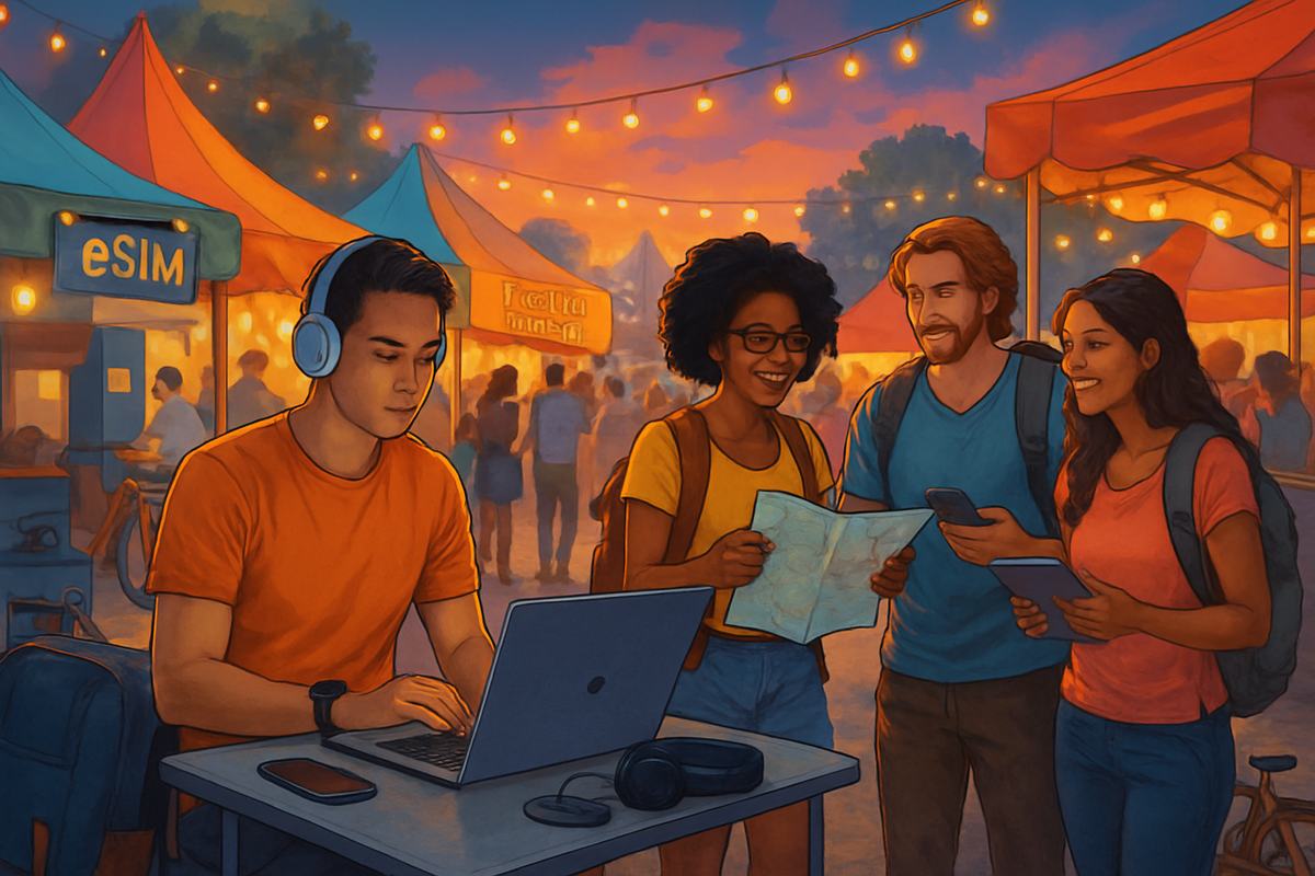 A group of friends is enjoying an outdoor market at sunset, one person is on a laptop while others look at a map and a phone.