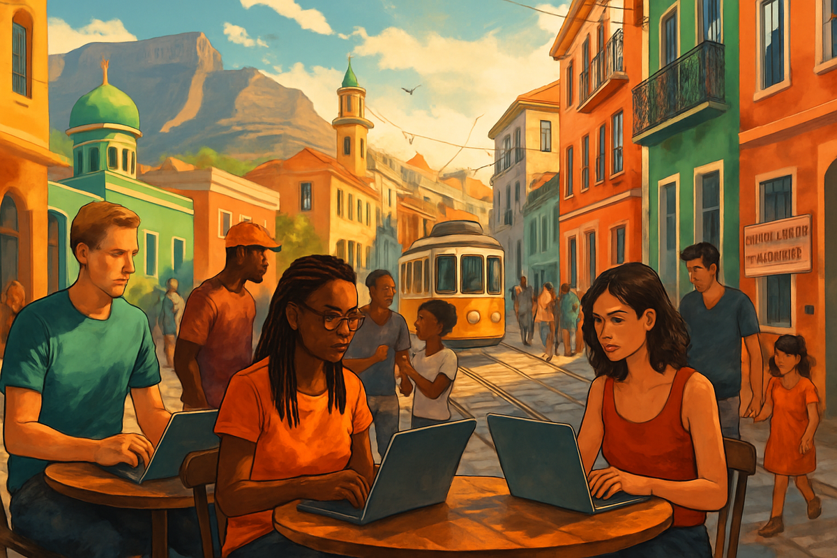 A vibrant street scene features people using laptops at outdoor tables while a vintage tram passes through a colorful urban setting.