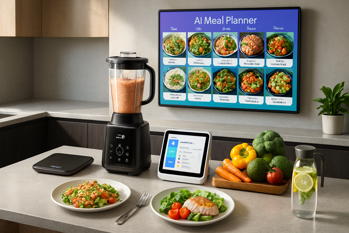 The image shows a modern kitchen with a blender, a meal planner display, and a table set with healthy food like salads and salmon, alongside various fresh vegetables.
