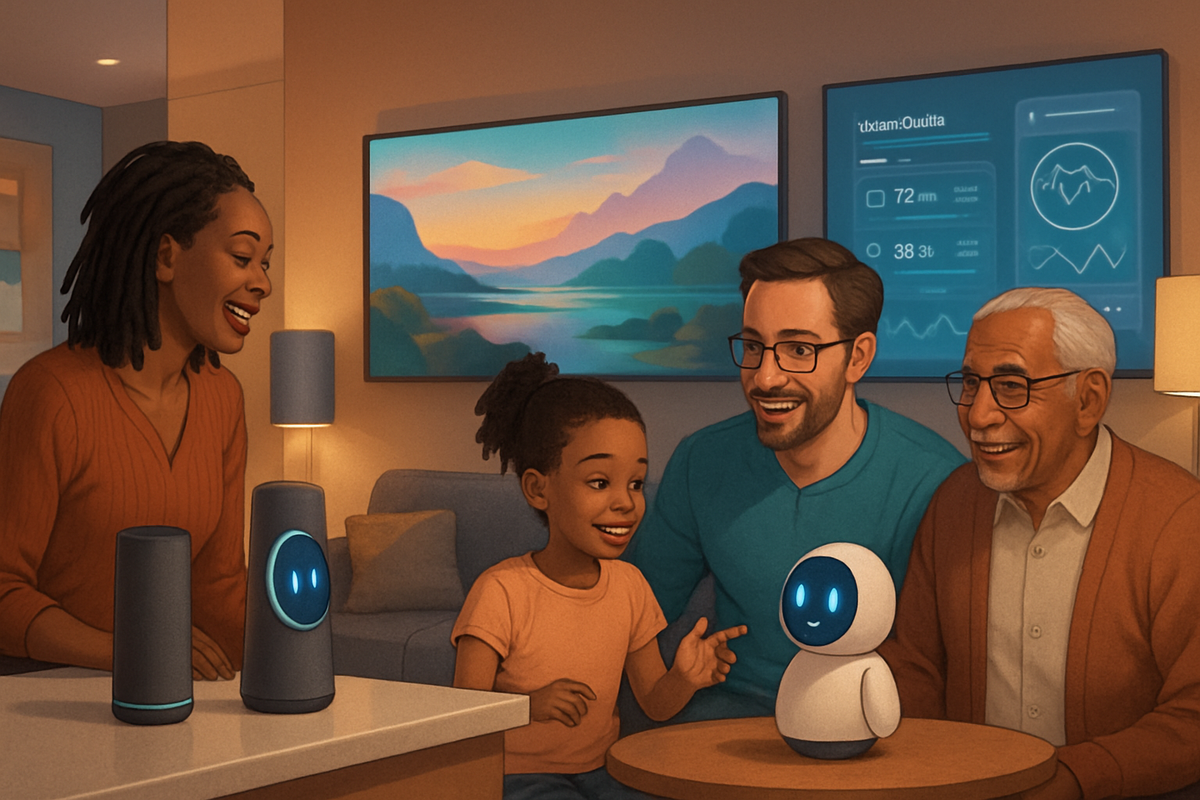 A family interacts joyfully with smart devices in a cozy living room setting.