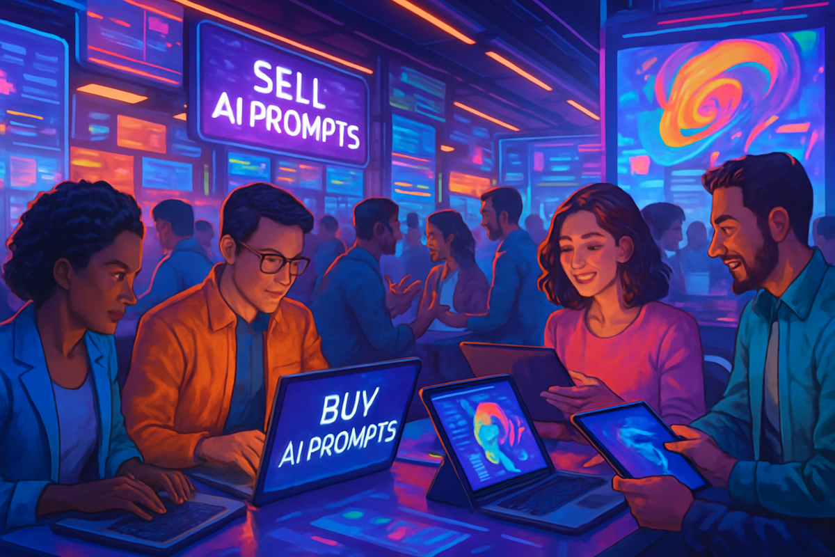 The image depicts a vibrant marketplace scene focused on buying and selling AI prompts, featuring several people engaged in conversation and using various devices.