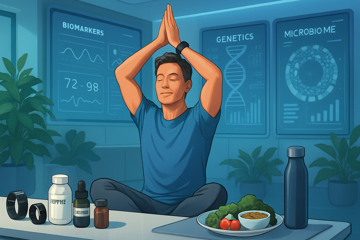 A person sits cross-legged with hands raised in a meditative pose, surrounded by health-related items and screens displaying data on biomarkers, genetics, and microbiomes.