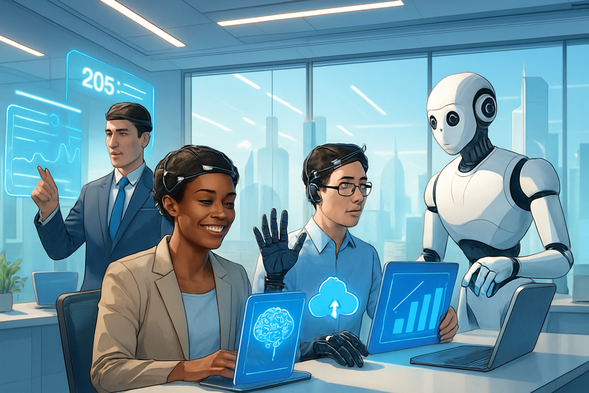 A diverse group of individuals, including a humanoid robot, collaborates in a futuristic office with holographic displays and advanced technology.