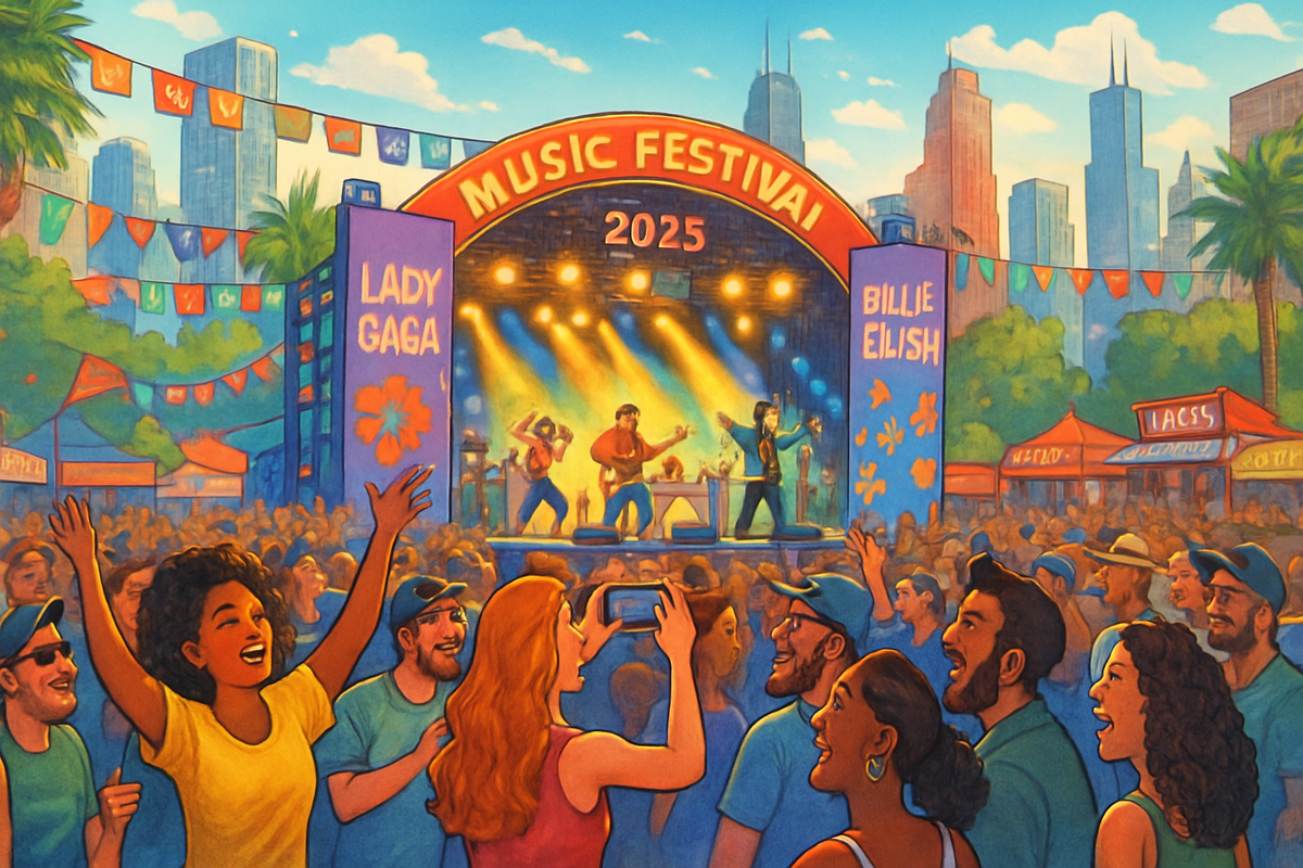 The image depicts a vibrant music festival scene in 2025 with a large crowd enjoying performances by artists on stage, surrounded by palm trees and city skyline.