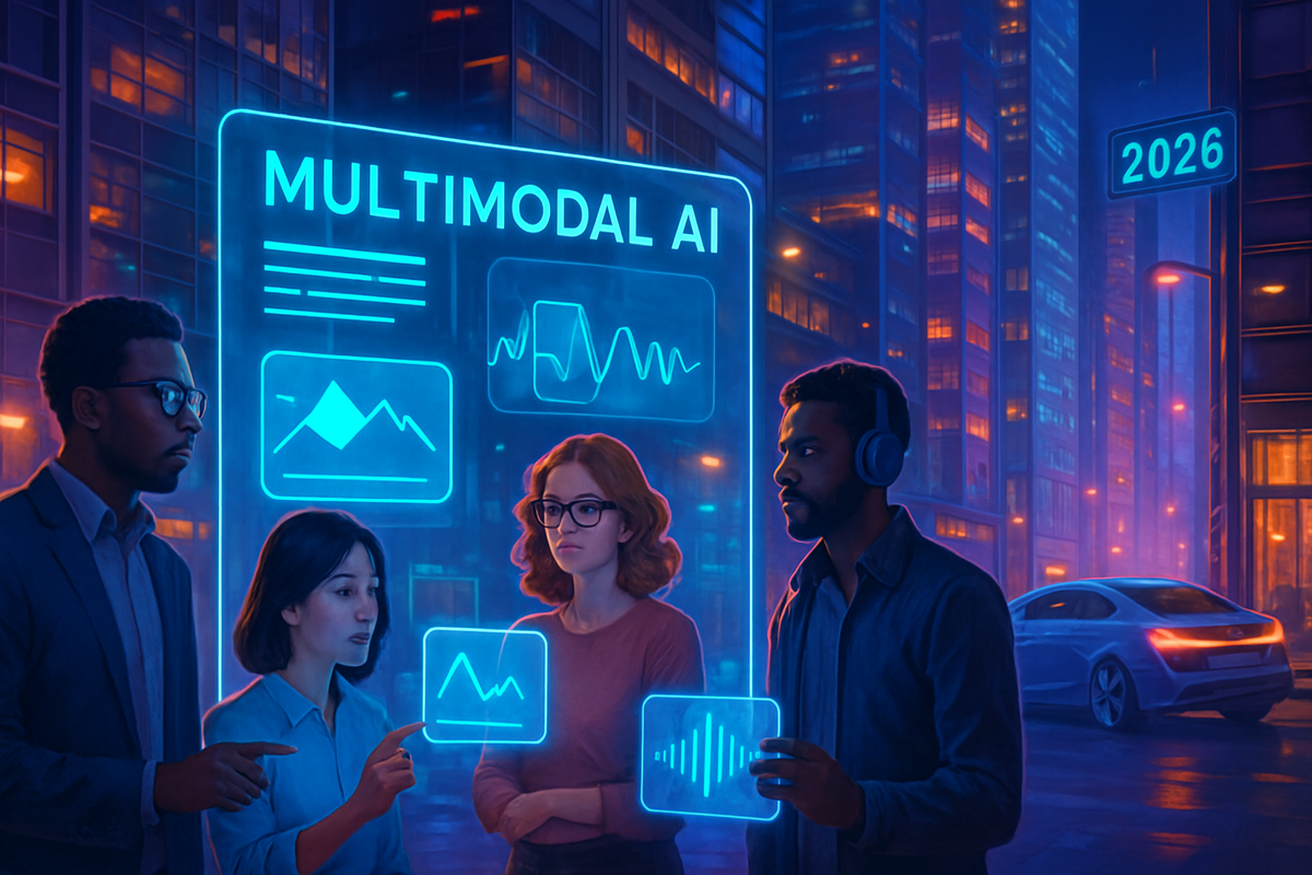 A group of four people is discussing data visualizations related to multimodal AI against a futuristic city backdrop.