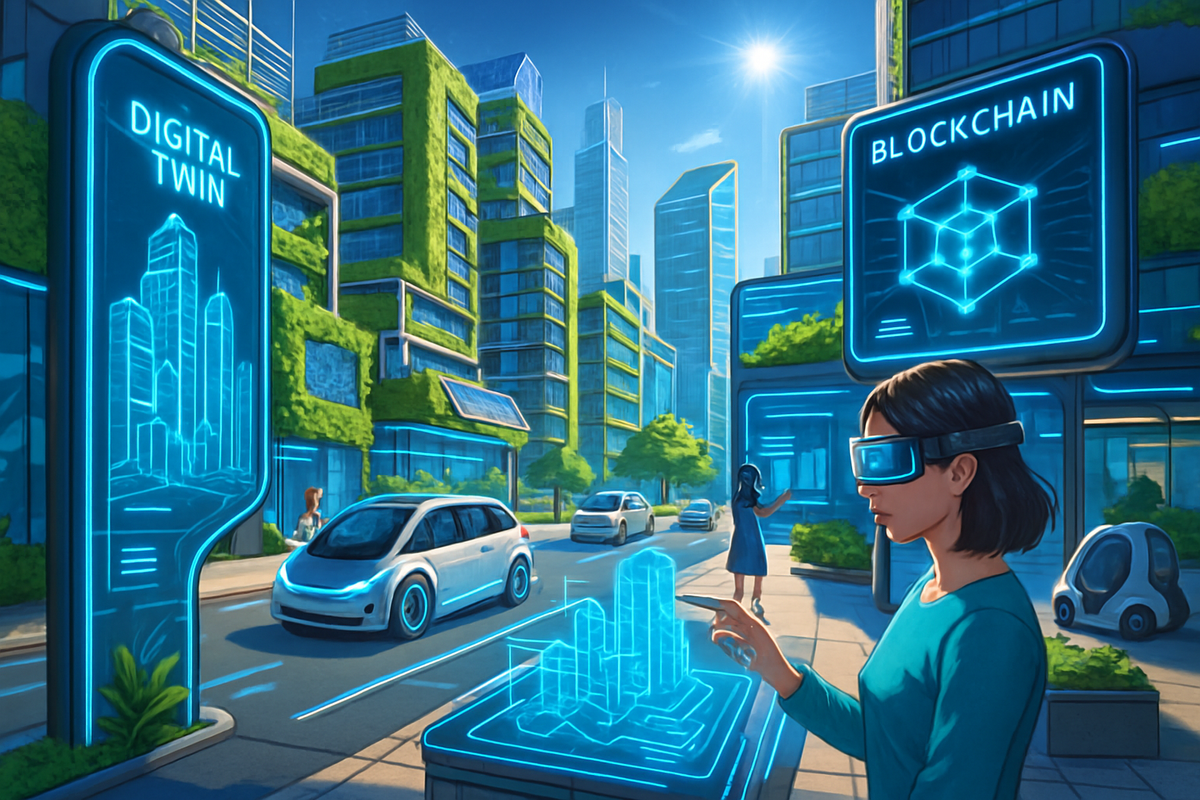 The image depicts a futuristic urban environment showcasing advanced technologies like digital twins and blockchain, with people interacting with digital interfaces.