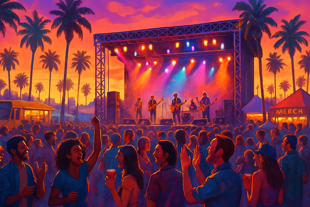 A vibrant outdoor concert scene at sunset with a cheering crowd and palm trees.