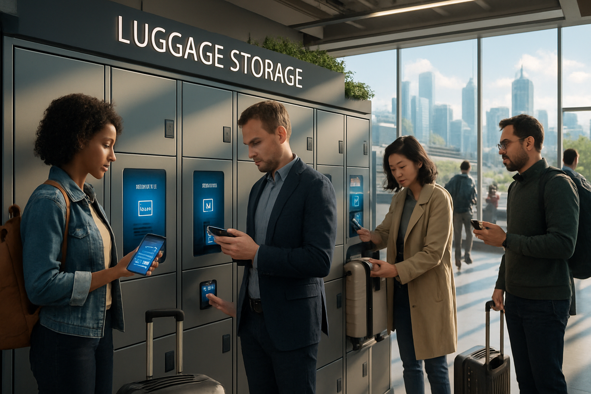 The image shows several people interacting with a luggage storage facility, using their phones while managing their bags in a modern setting.