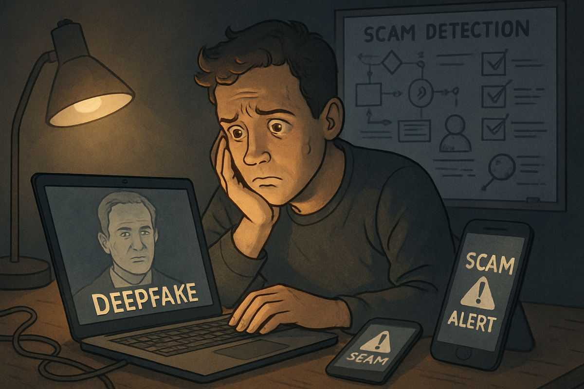 A worried man stares at a laptop screen displaying the word "DEEPFAKE," while his phone shows a "SCAM ALERT" notification.