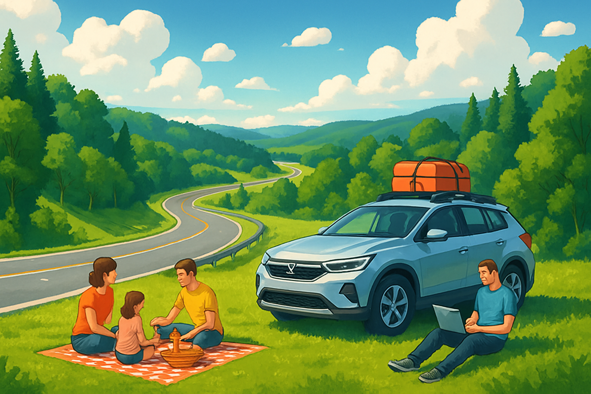 A family enjoys a picnic by the roadside while a man works on a laptop next to their parked car in a picturesque landscape.
