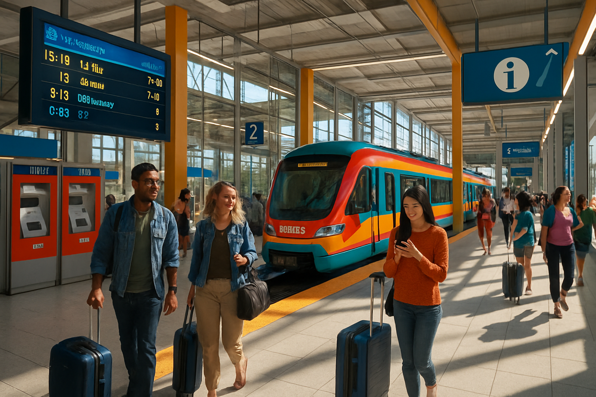 The image shows a busy train station with people walking and carrying luggage as a colorful train awaits at the platform.
