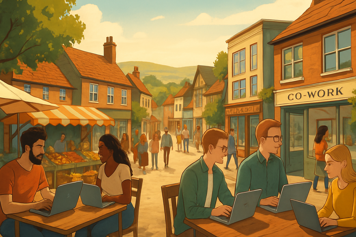 The image depicts a vibrant street scene with people working on laptops at outdoor tables near a market and shops in a quaint village setting.