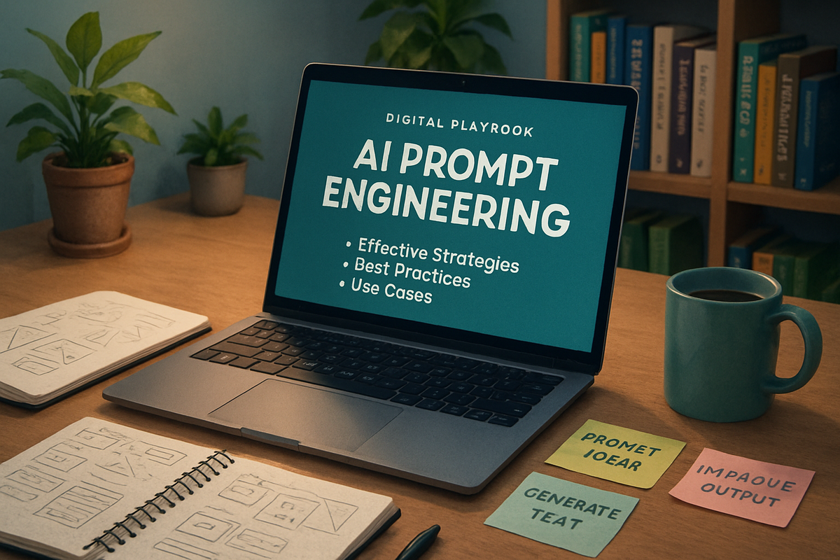 The image features a laptop displaying content on AI prompt engineering, accompanied by notebooks, sticky notes, a coffee mug, and potted plants on a desk.