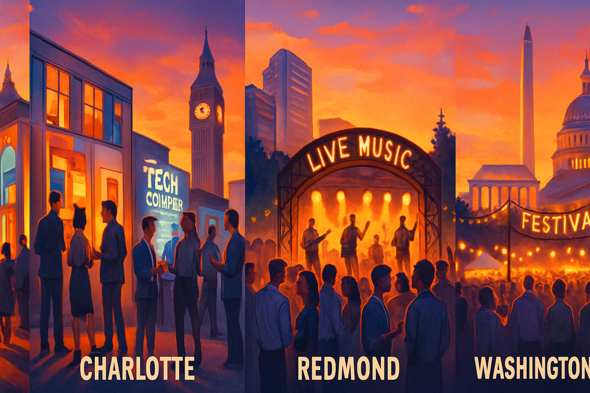 The image features three urban scenes at sunset representing Charlotte, Redmond, and Washington, showcasing people gathering for a tech event, a live music performance, and a festival.