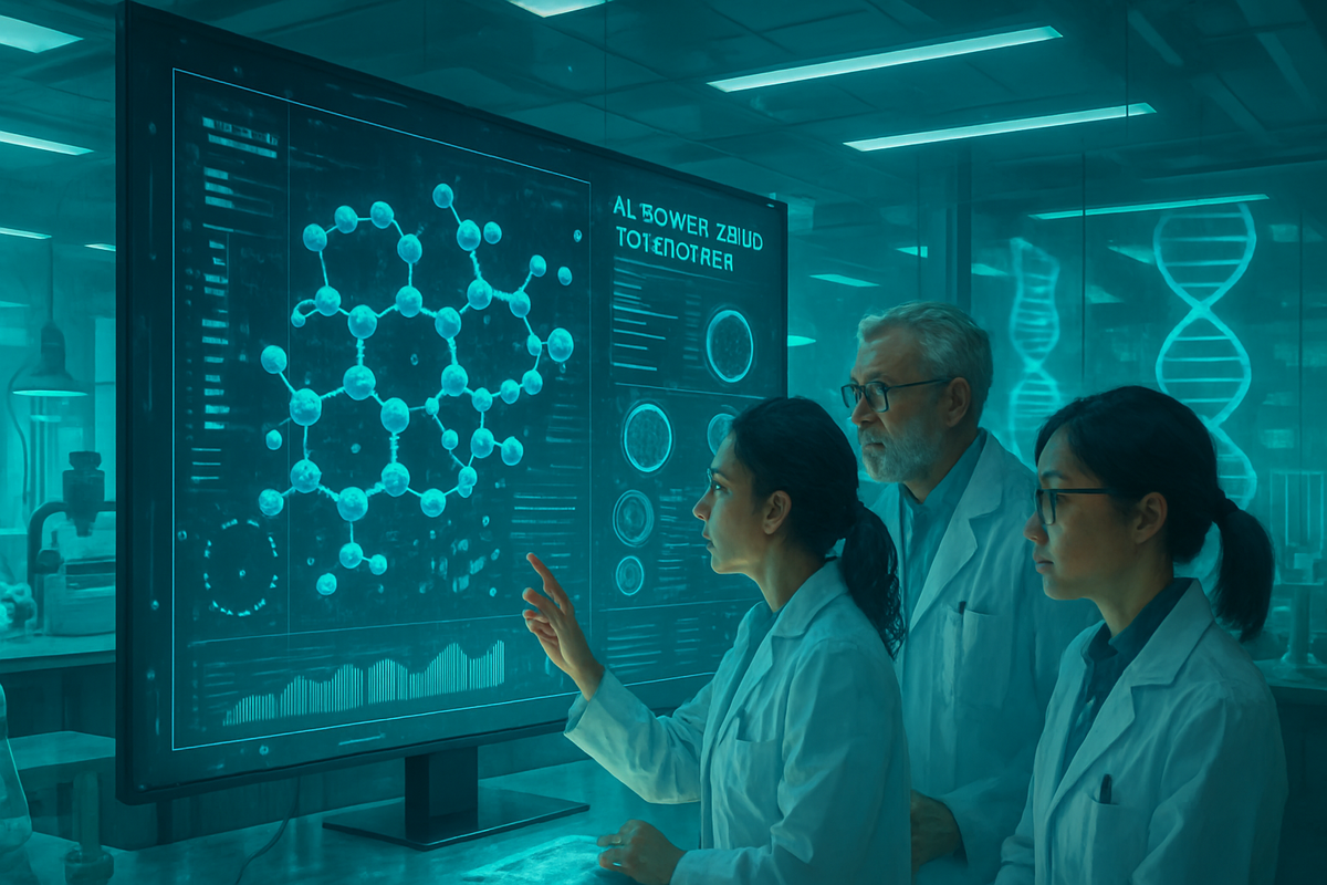 A group of scientists in lab coats observes a large digital display showcasing molecular structures and data in a high-tech laboratory setting.