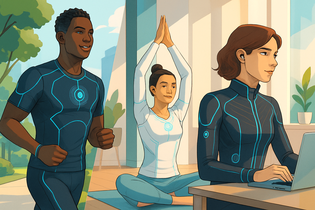 The image features three individuals in futuristic athletic wear, with one jogging, another practicing yoga, and a third working on a laptop in a bright, modern indoor setting.