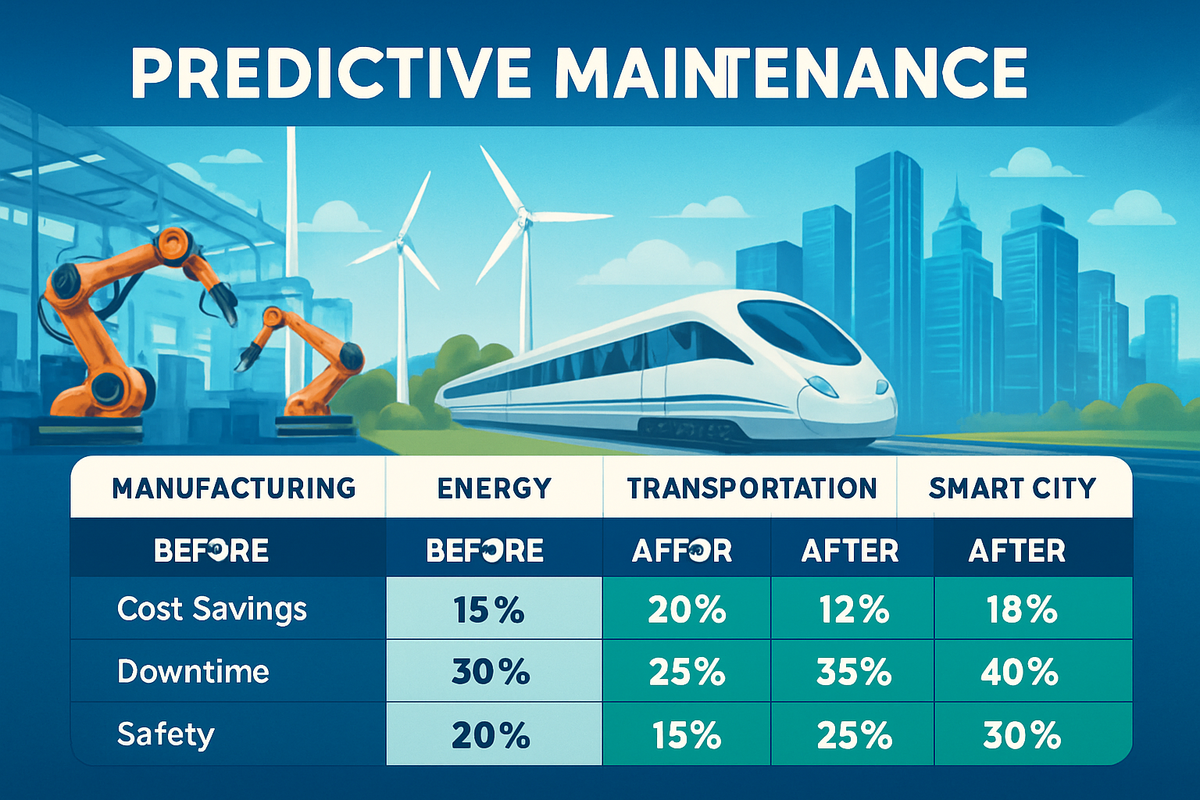 The image presents a colorful infographic comparing cost savings, downtime, and safety percentages across different sectors before and after implementing predictive maintenance strategies.