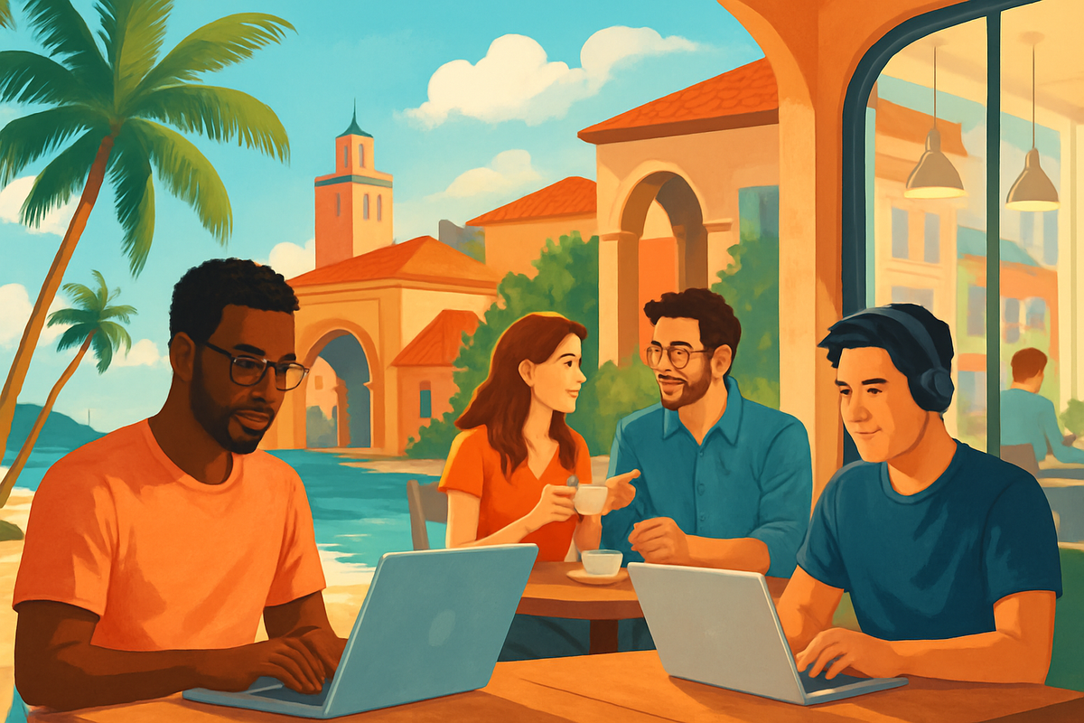 A group of four people are sitting at an outdoor café, working on laptops and engaging in conversation amidst a tropical backdrop.