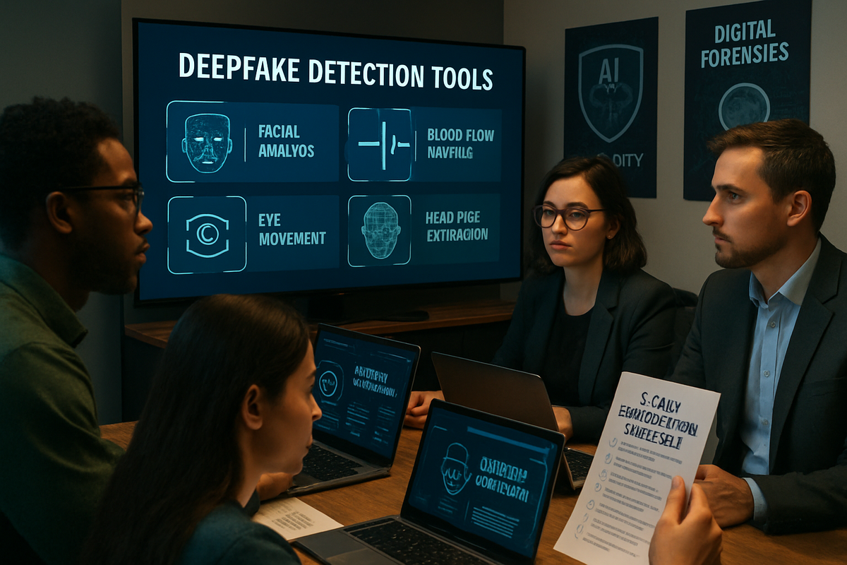 A group of four people sits at a table with laptops, discussing deepfake detection tools displayed on a screen in a modern office setting.