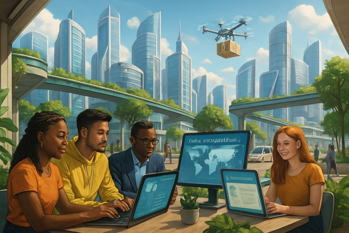 The image depicts a group of four people working collaboratively on laptops and monitors in a futuristic city setting with skyscrapers and a drone delivering a package overhead.