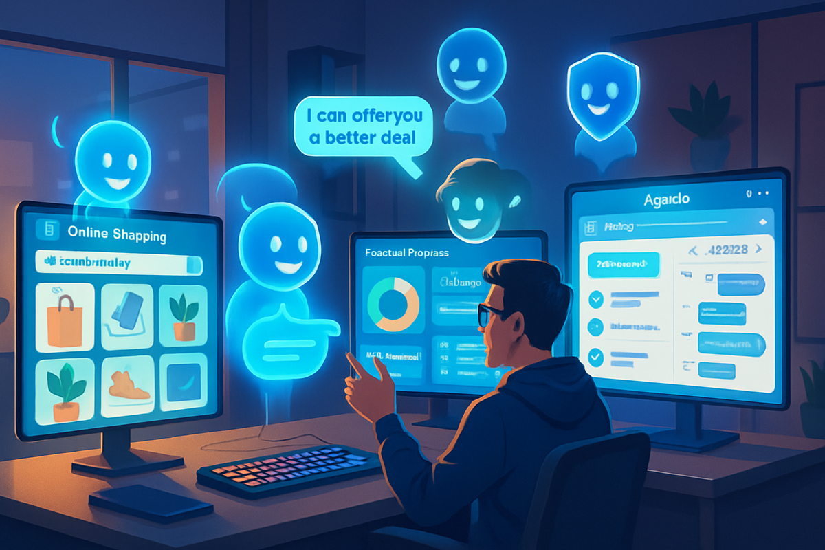 A person is interacting with glowing digital assistants on multiple screens while engaging in online shopping.