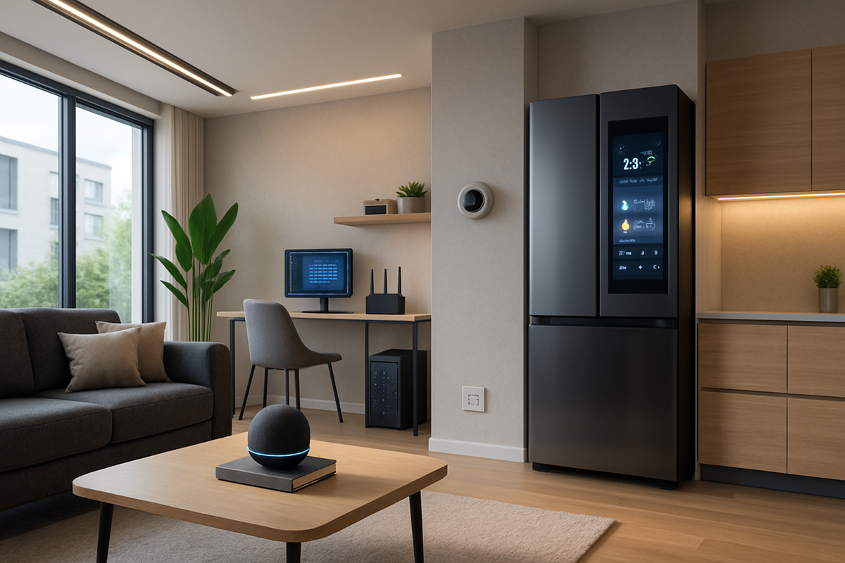 The image depicts a modern living space featuring a sleek black refrigerator, a desk with a computer, a cozy couch, and decorative plants.