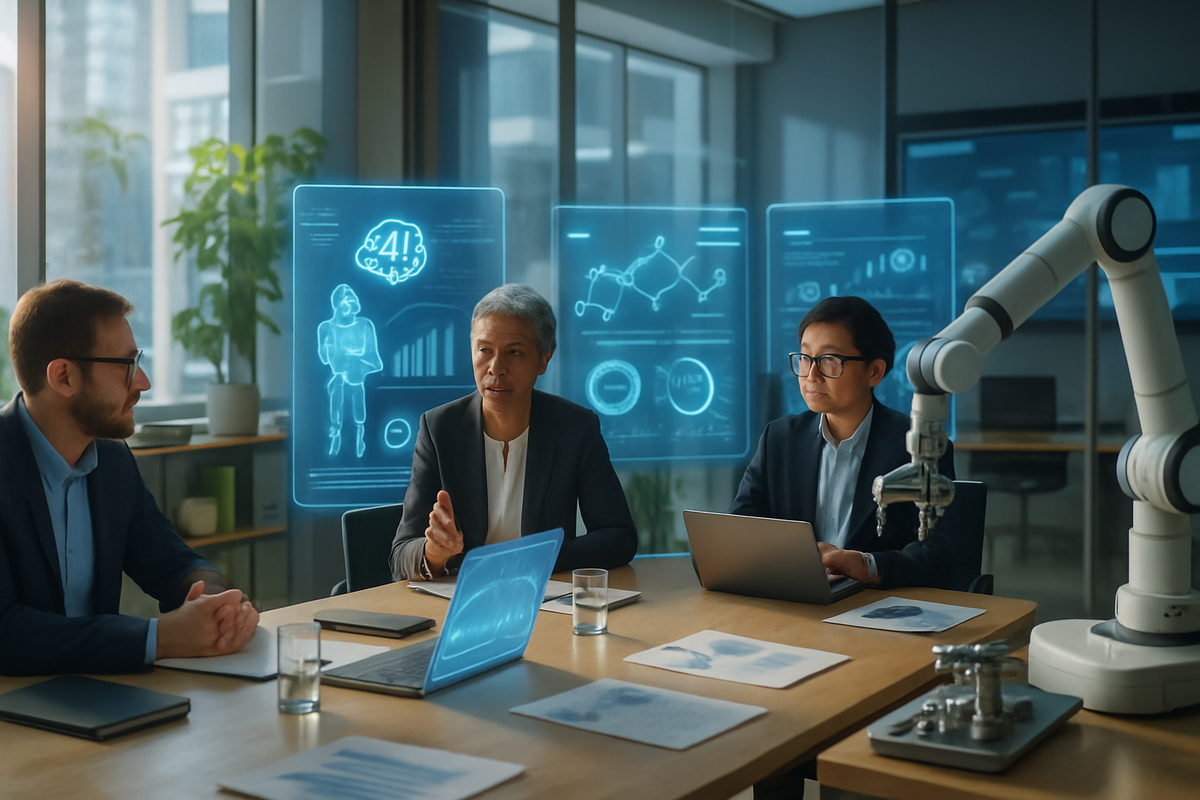 The image depicts a modern conference room where three professionals are engaged in a discussion, surrounded by holographic displays of data and analytics.