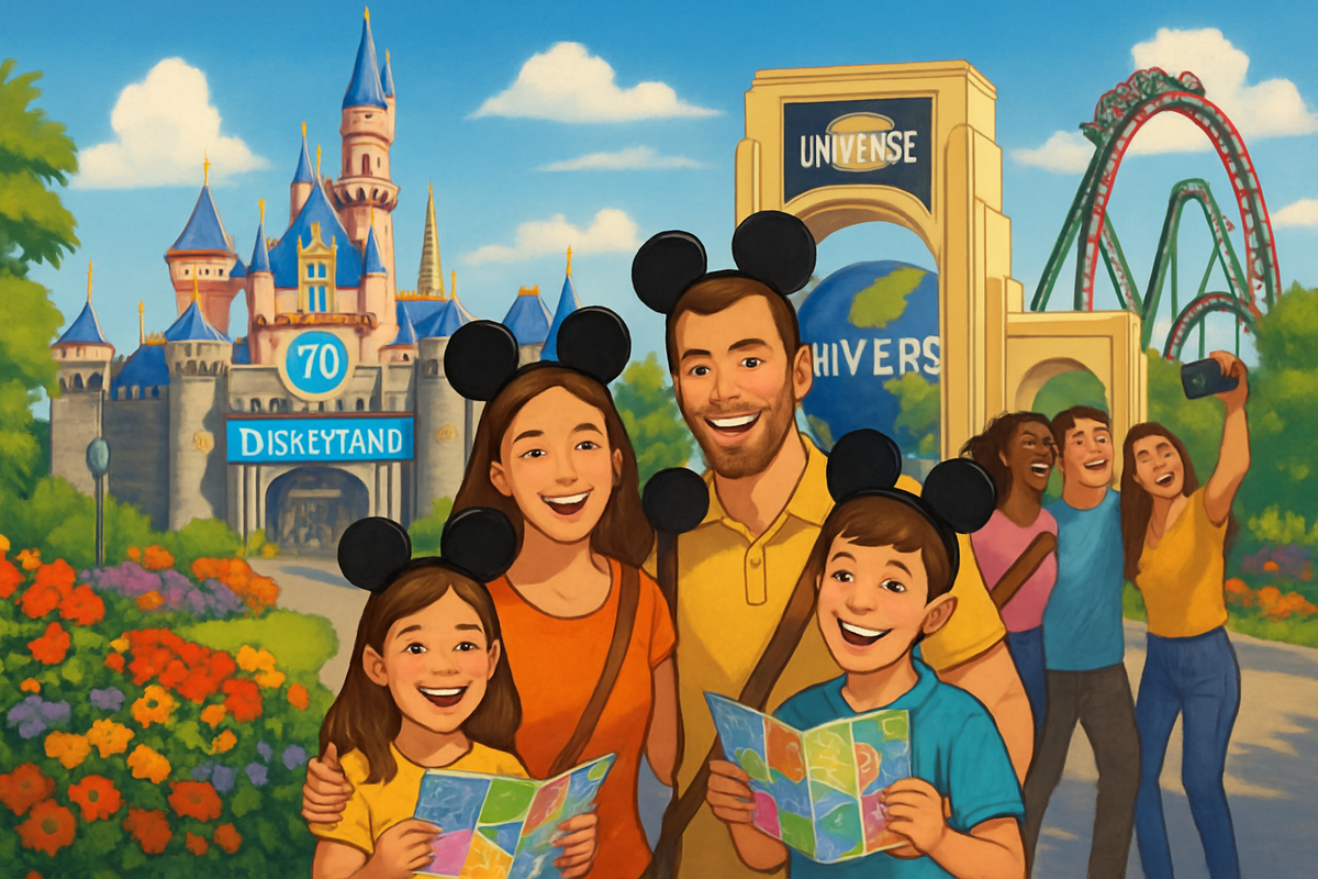 The image depicts a happy family wearing Mickey Mouse ear hats in front of a theme park castle while other visitors take photos in the background.