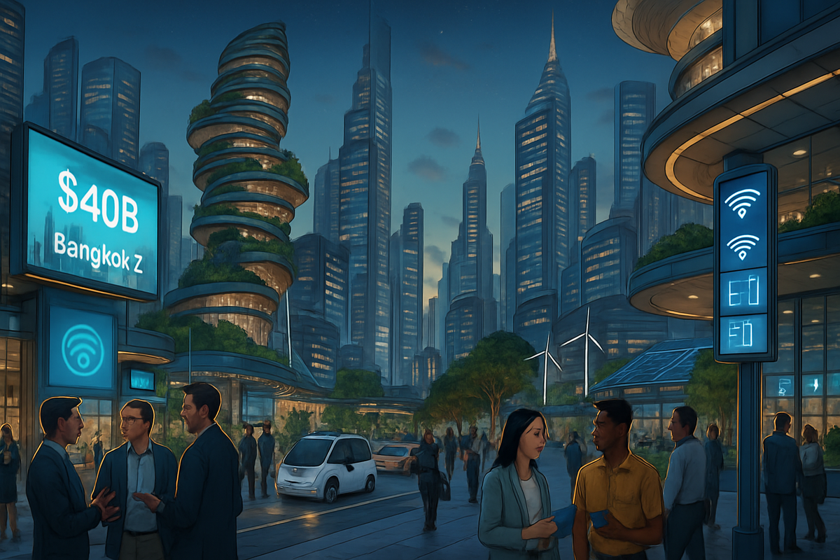 The image depicts a futuristic cityscape with towering skyscrapers, green architectural elements, and people engaging in conversation under illuminated signs and trees.