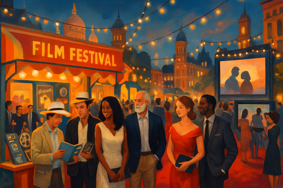 The image depicts a vibrant film festival scene with diverse attendees engaged in conversation amidst festive decorations and a twilight backdrop.