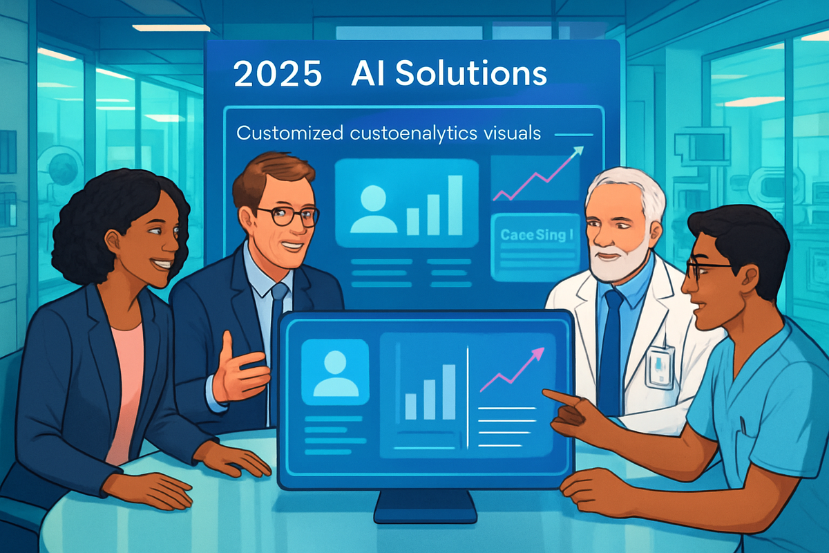 The image shows four diverse professionals engaged in a discussion around a computer screen displaying data analytics related to AI solutions for 2025.