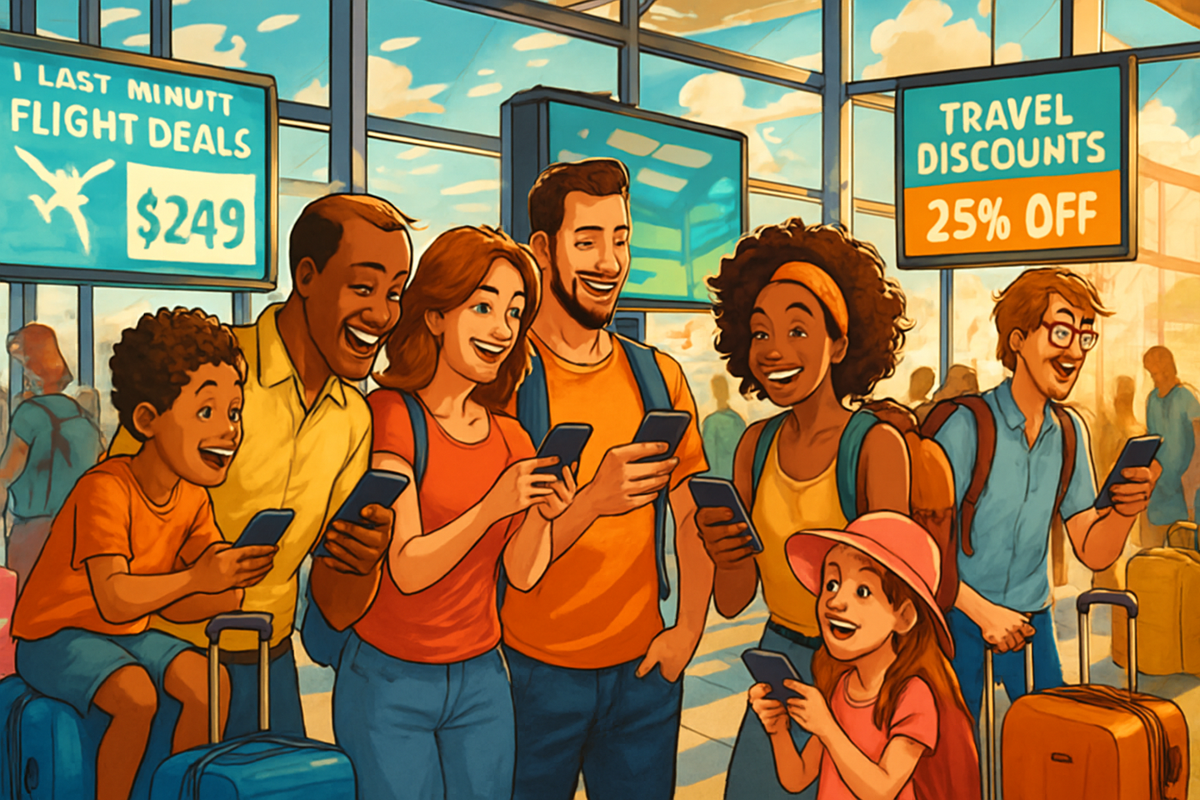A group of diverse, happy travelers looks at their smartphones in an airport, surrounded by luggage and promotional signs for flight deals and travel discounts.