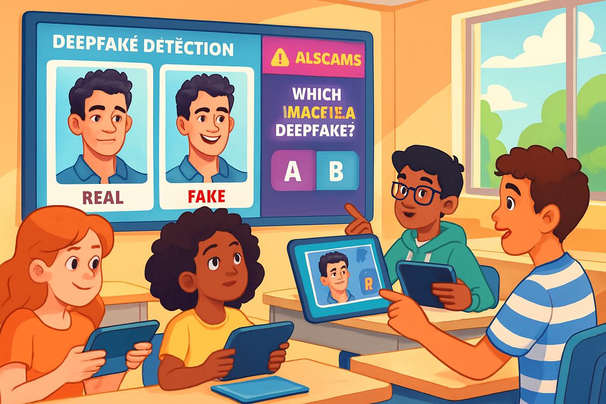The image depicts a classroom setting with students engaging in a deepfake detection exercise, comparing a real and a fake image on a screen.