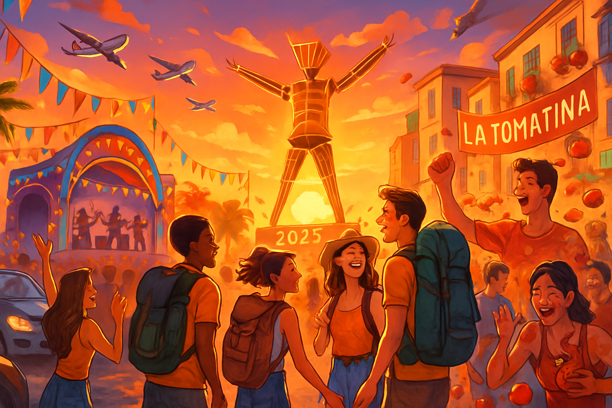 The image depicts a vibrant festival scene with a group of joyful people celebrating under a sunset, featuring a statue symbolizing "La Tomatina" in the background.