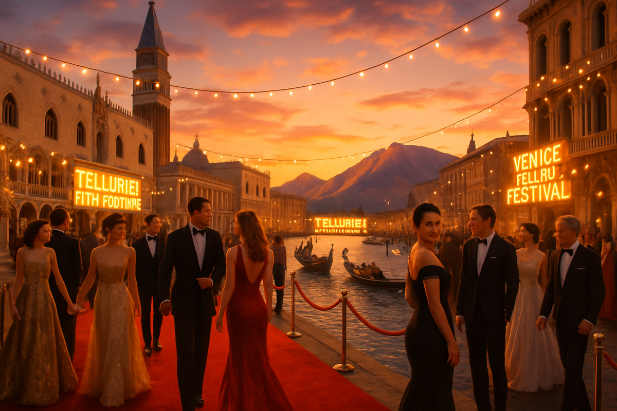 The image depicts an elegant evening event at a festival in Venice with elegantly dressed people walking along a canal, surrounded by warm sunset lighting and festive decorations.