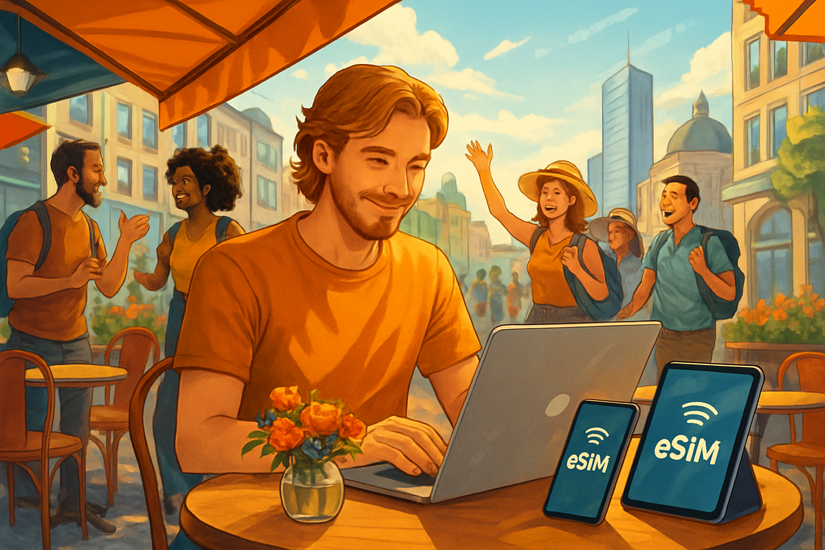 A man works on his laptop at an outdoor café while friends celebrate nearby with a city backdrop.