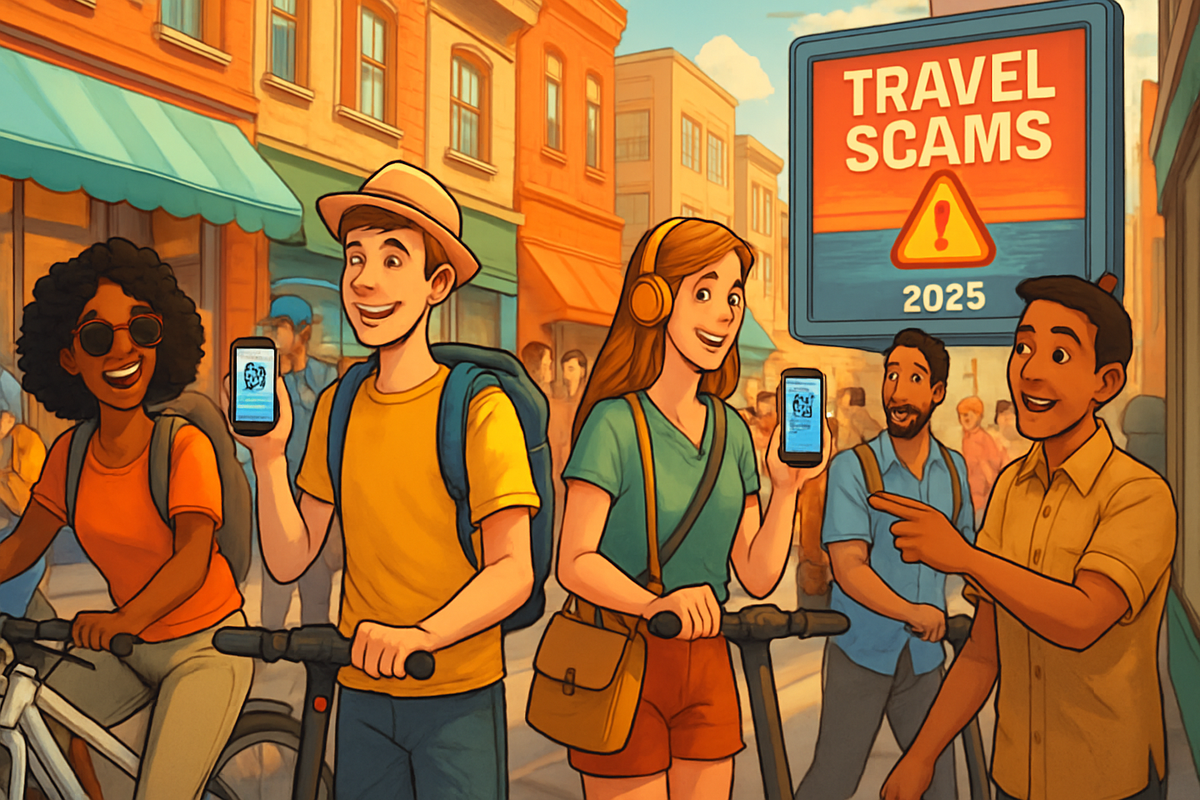 The image depicts a vibrant street scene with diverse individuals, including tourists using smartphones, promoting awareness about travel scams in 2025.