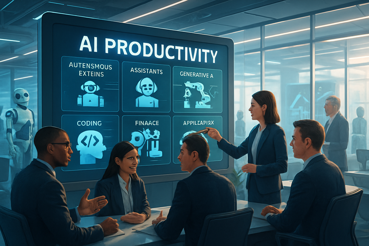 The image depicts a modern meeting room where a woman is presenting AI productivity benefits on a large screen while colleagues engage in discussion.