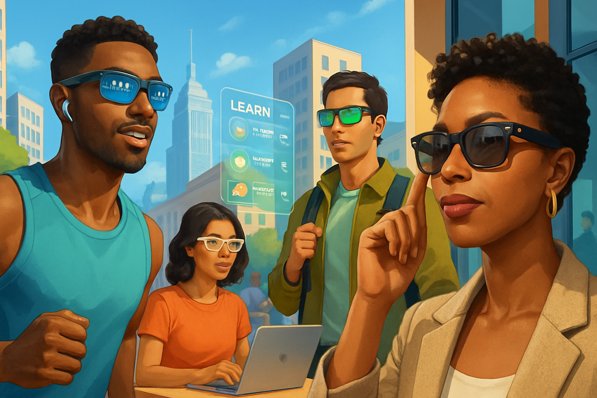 The image depicts a diverse group of four individuals wearing sunglasses in an urban setting, engaged in various activities with a futuristic interface in the background.