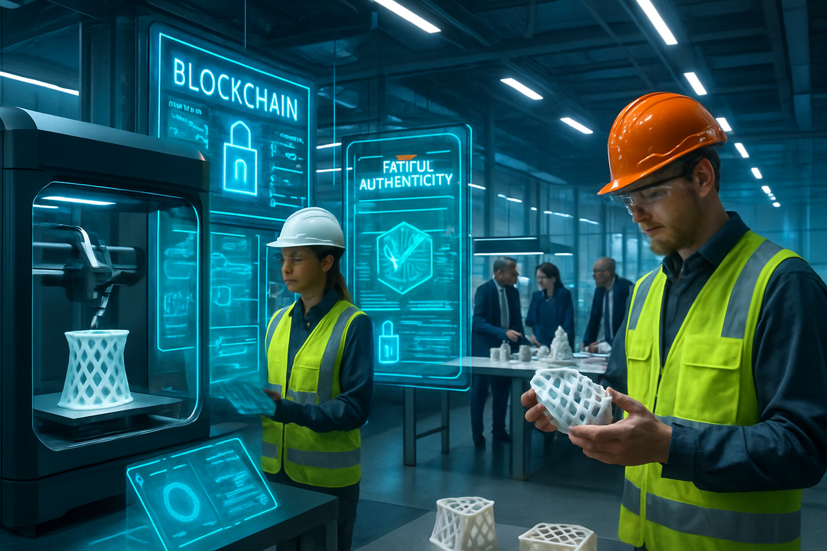 The image depicts a futuristic workspace where two workers in safety gear operate a 3D printer while others discuss nearby, surrounded by digital displays about blockchain technology.