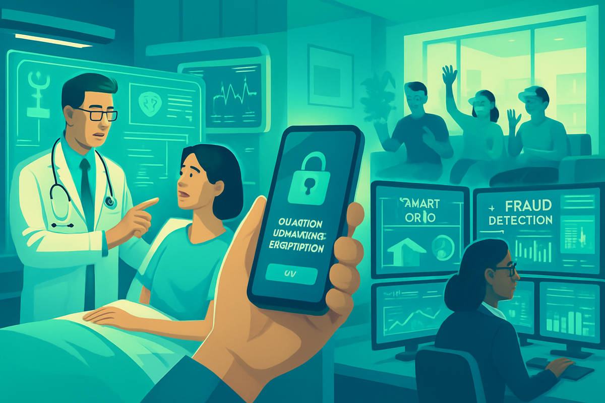 The image depicts a doctor consulting with a patient in a hospital setting, while a person holds a smartphone displaying a security alert, and others engage with technology in the background.