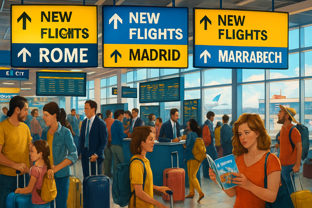 The image depicts a bustling airport scene with travelers at check-in counters, signs directing to destinations like Rome, Madrid, and Marrakech, and people engaging with one another.