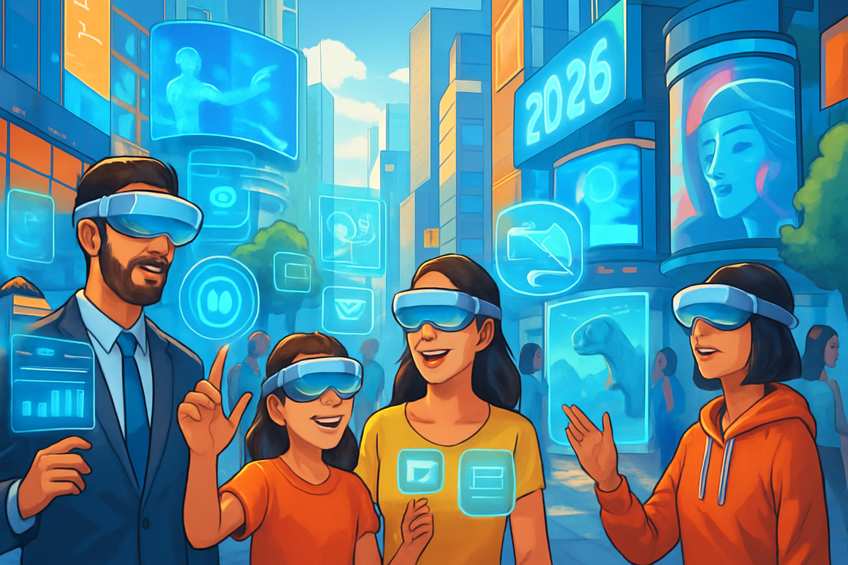 A group of four individuals, including adults and children, are engaged in conversation while wearing futuristic VR headsets in a vibrant urban setting filled with digital displays.